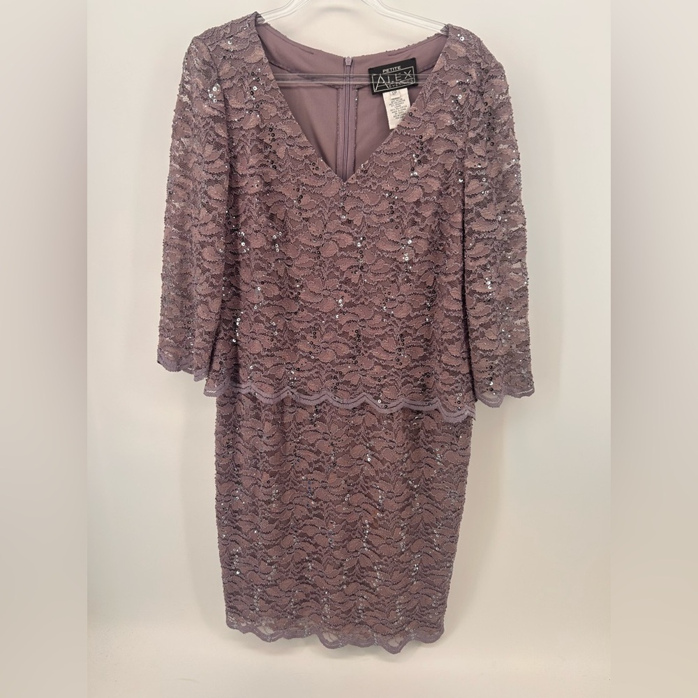 Alex evenings purple lilac lace sequin overlay evening dress size 12p
